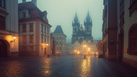 A Dark, Misty Aura Envelops a Metropolis, as Buildings Emerge with an Ethereal Glow Over Empty Streetsの写真素材