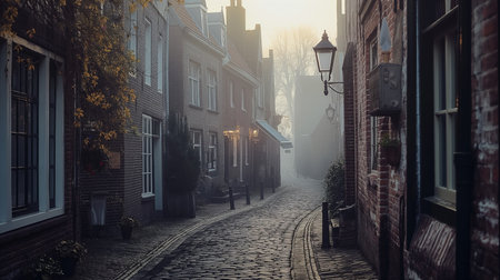 A Dark, Misty Aura Envelops a Futuristic Metropolis, as Skyscrapers Emerge with an Ethereal Glow Over Empty Streetsの写真素材