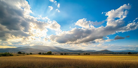 Golden Wheat Field Under a Blue Sky with Sun Rays and Cloudsの写真素材