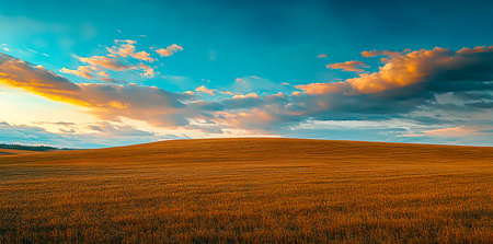 Golden Wheat Field Under a Blue Sky with Sun Rays and Cloudsの写真素材