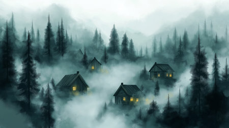 Misty Forest Village at Dawn Dew-Kissed Grass and Trees, Wooden Houses in the Foggy Distanceの写真素材