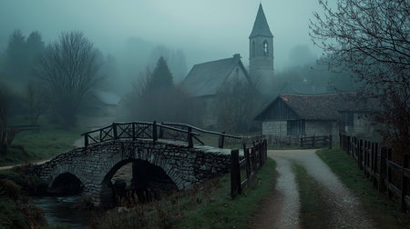 Misty Forest Village at Dawn Dew-Kissed Grass and Trees, Wooden Houses in the Foggy Distance