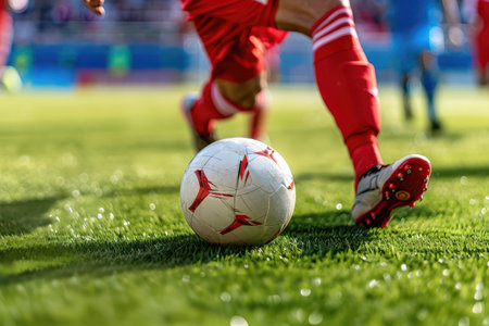 Dynamic Action Shot of an Ambitious Soccer Player Kicking Towards Goal, Dodging Competitors in a...