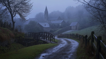 Misty Forest Village at Dawn Dew-Kissed Grass and Trees, Wooden Houses in the Foggy Distance
