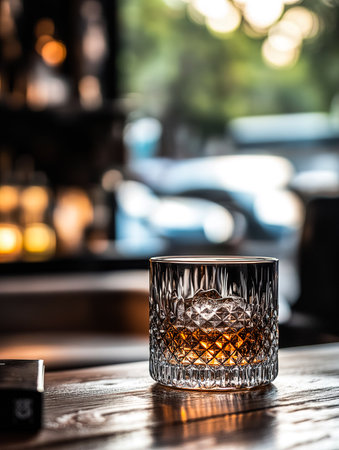 A Glass of Whiskey with Ice Cubes, Soft Shadows, and a Blurred Backgroundの写真素材