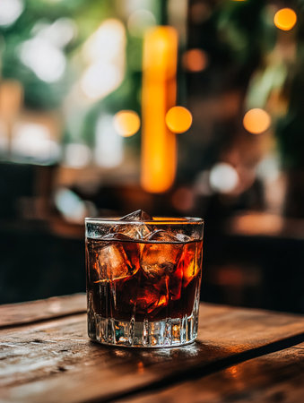 A Glass of Whiskey with Ice Cubes, Soft Shadows, and a Blurred Backgroundの写真素材