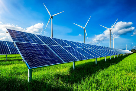 Photorealistic Energy Storage Facility with Solar Panels and Wind Turbines in a Green Fieldの写真素材