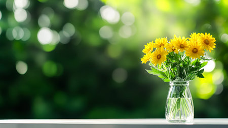 Bright Yellow Flowers in a Vase on a White Table, Perfect for Product Display
