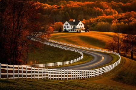Scenic American Farm with White Fences and Autumn Sunrise Glow