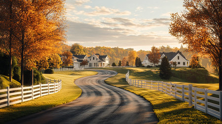 Scenic American Farm with White Fences and Autumn Sunrise Glow