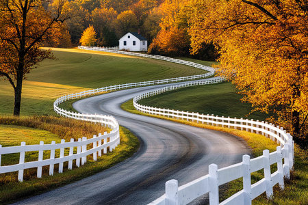 Scenic American Farm with White Fences and Autumn Sunrise Glow