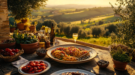 Classic Spaghetti Marinara with Fresh Basil and Parmesan â Rustic Italian Diningの写真素材