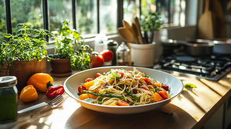 Classic Spaghetti Marinara with Fresh Basil and Parmesan â Rustic Italian Diningの写真素材