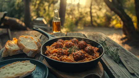 Hearty Spaghetti and Meatballs with Crusty Bread â Warm Golden Hour Ambianceの写真素材