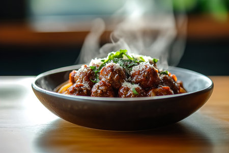 Classic Spaghetti and Meatballs in Rustic Bowl â Rich Marinara, Parmesan, and Basilの写真素材