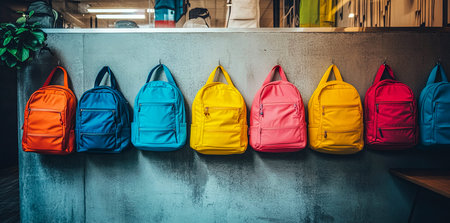 Modern School Hallway with Colorful Backpacks Hanging on Hooksの写真素材
