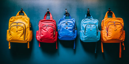 Modern School Hallway with Colorful Backpacks Hanging on Hooksの写真素材