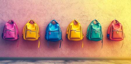 Modern School Hallway with Colorful Backpacks Hanging on Hooks