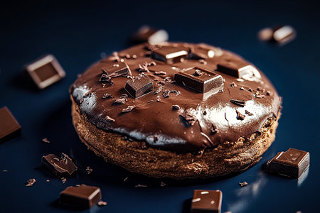 Glossy Chocolate Scone with Dark Chocolate Chunks on a Deep Blue Backgroundの写真素材