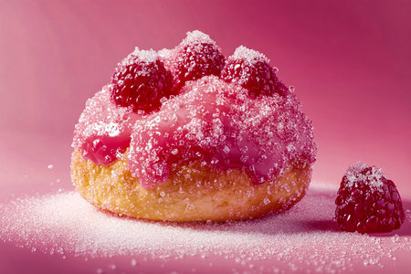 Vibrant Raspberry Scone with Sugar Crystals on a Soft Pastel Pink Background