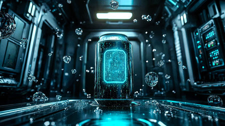 Futuristic Energy Drink Can Floating in Zero Gravity with Holographic Labels and Droplets