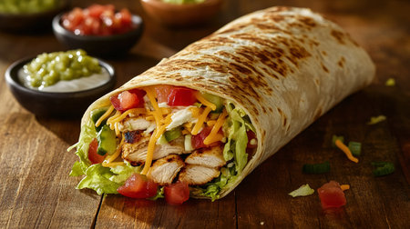 Freshly Made Burrito with Grilled Chicken and Toppings on a Rustic Tableの写真素材