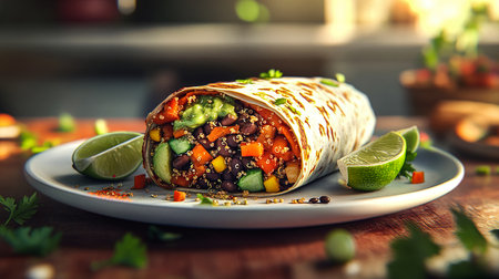 Freshly Made Burrito with Grilled Chicken and Toppings on a Rustic Tableの写真素材