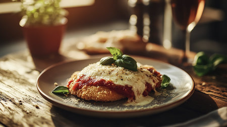 Golden Chicken Parmesan with Melted Mozzarella and Fresh Basil â Cozy Kitchen Sceneの写真素材