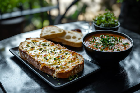 Cheesy Garlic Bread with Tomato Soup on a Sleek Black Table