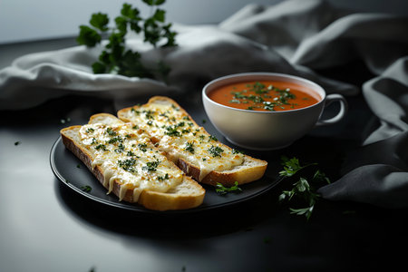 Cheesy Garlic Bread with Tomato Soup on a Sleek Black Tableの写真素材