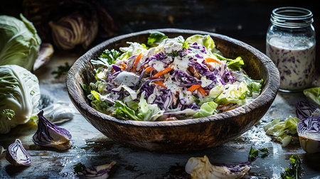 Luxury Coleslaw on Slate Tray â Artisanal Ingredients &amp; Sophisticated Presentationの写真素材