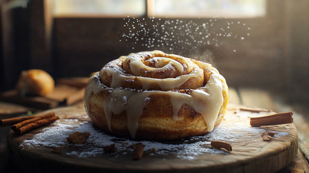 Golden Caramelized Cinnamon Roll â Soft Morning Light in CafÃ© Sceneの写真素材