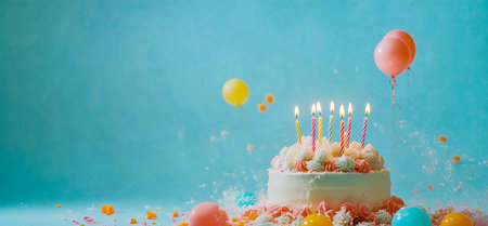 Blue Birthday Cake with Candles on Light Blue Background