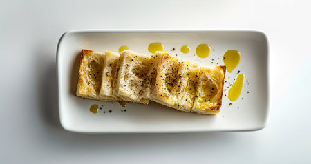 Fluffy Delight: Sliced Focaccia Drizzled with Olive Oil and Cracked Pepperの写真素材