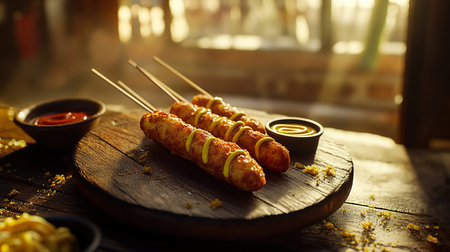 Golden Bites, Perfectly Crispy Corn Dogs with Mustard and Ketchupの写真素材