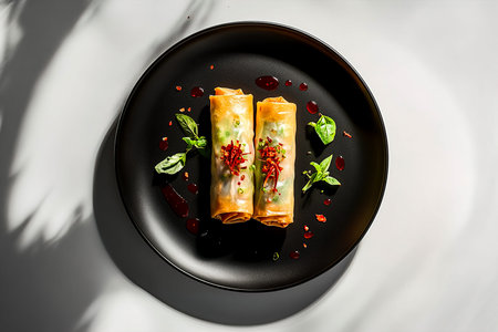 Refined Spring Roll Composition with Chopsticks &amp; Macro Detailの写真素材