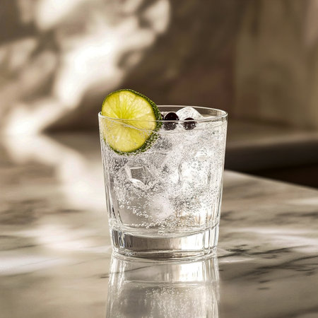Gin and Tonic Cocktail on Marble Countertop â Natural Light Reflectionの写真素材