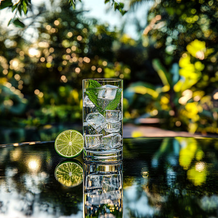 Refreshing Gin and Tonic on Glass Tableの写真素材