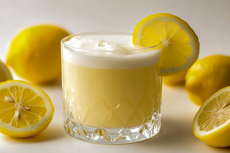 Whiskey Sour in Crystal Glass â Front View on White Backgroundの写真素材