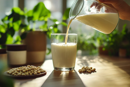 Fresh Milk Pouring from Bottle â Organic Almonds & Green Leaves on Woodの写真素材