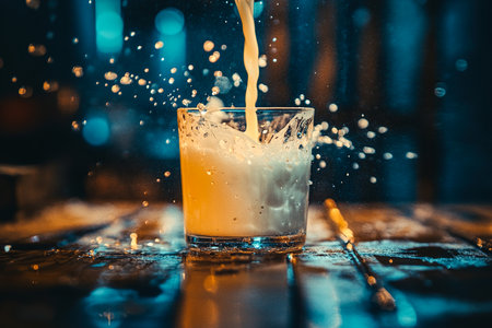 Milk Pouring into Glass Bright Kitchen Scene with Soybeans in Close-Upの写真素材