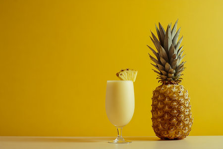 Pineapple Smoothie in a Glass on Light Wooden Table Isolated on Yellow Backgroundの写真素材
