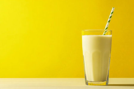 Pineapple Smoothie in a Glass on Light Wooden Table Isolated on Yellow Backgroundの写真素材