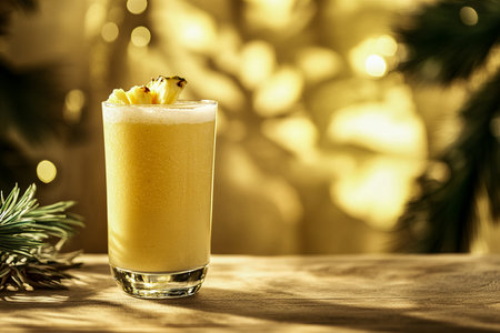 Pineapple Smoothie in a Glass on Light Wooden Table Isolated on Yellow Backgroundの写真素材