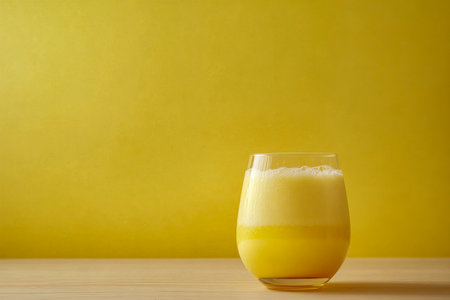 Pineapple Smoothie in a Glass on Light Wooden Table Isolated on Yellow Backgroundの写真素材