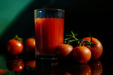 Fresh Tomato Juice and Whole Tomatoes on a Dramatic Dark Surfaceの写真素材