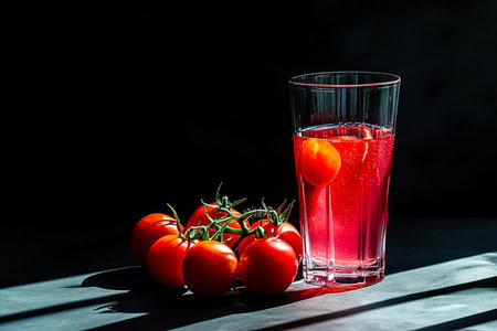 Fresh Tomato Juice and Whole Tomatoes on a Dramatic Dark Surfaceの写真素材
