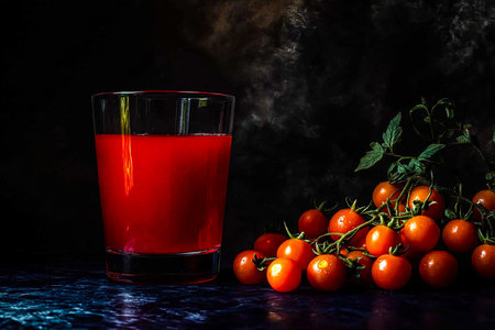 Fresh Tomato Juice and Whole Tomatoes on a Dramatic Dark Surfaceの写真素材
