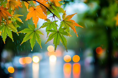 Macro Shot of Maple Leaves on a Rainy Day with Blurred Urban Lights in the Background