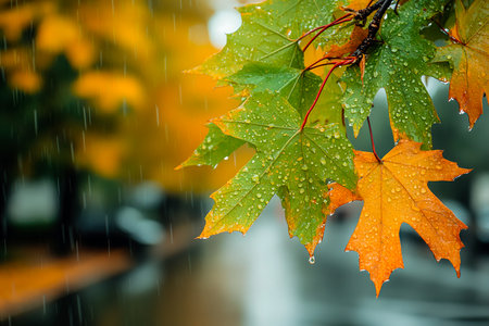 Macro Shot of Maple Leaves on a Rainy Day with Blurred Urban Lights in the Backgroundの写真素材